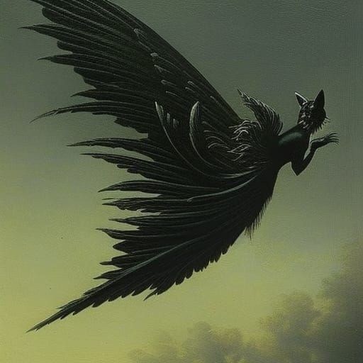 Winged Black Cat in Horror Style