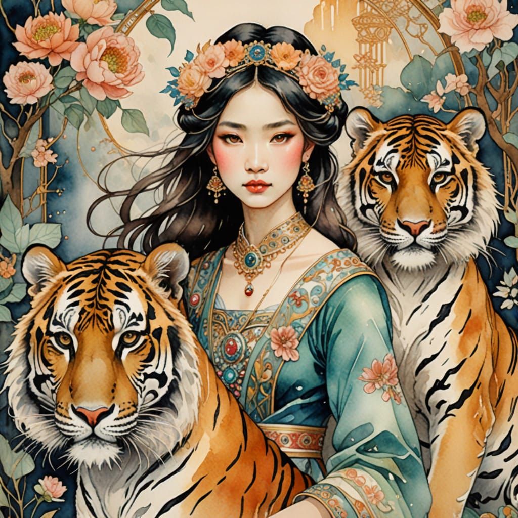 Ethereal Princesses in a Whimsical Watercolor Portrait with...