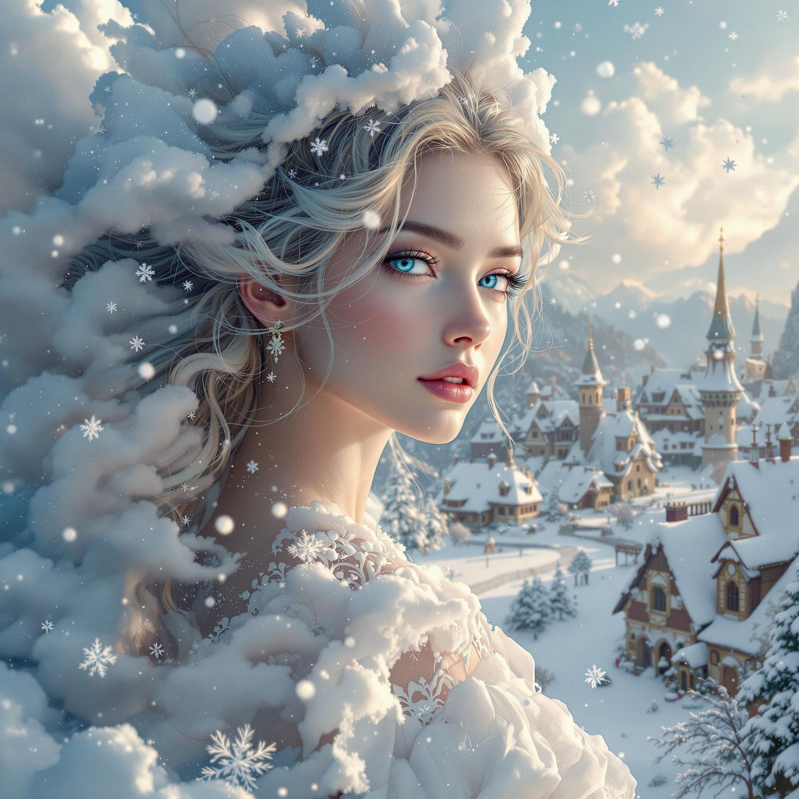 Celestial Woman in Snowy Town: Dreamlike 8k Image