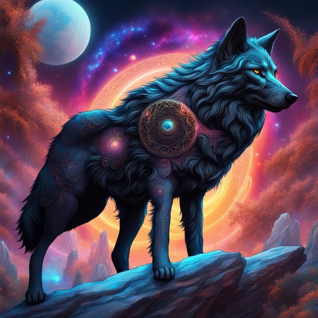 Celestial Black Wolf: Holographic Astral Illustration