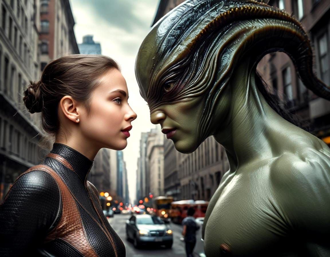 Hyperrealistic Alien and Human Gathering in a Modern Home