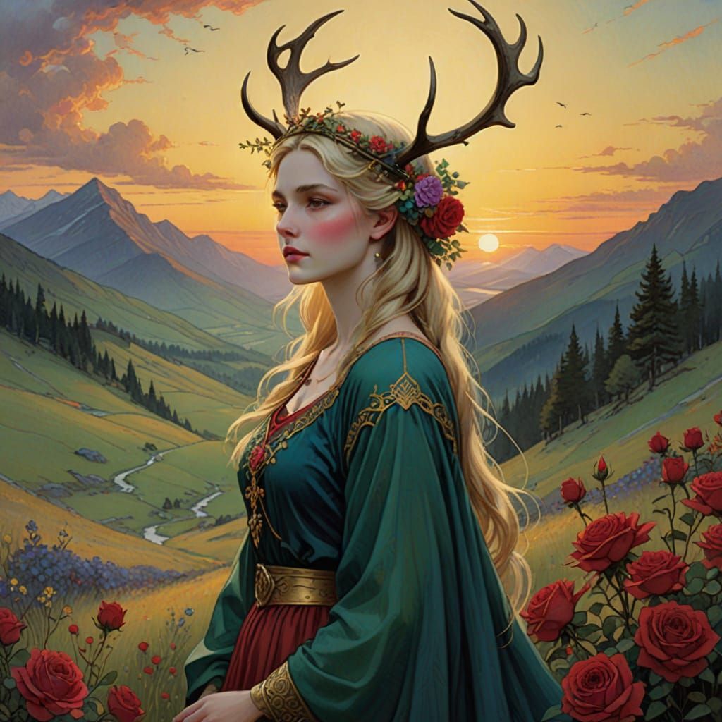 Slender Woman Adorns Her Crown with Stag Antlers in Vibrant ...