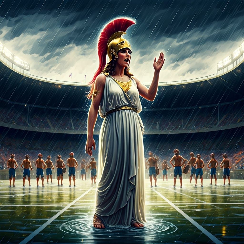 Athena Coaches Mythical Team in Stadium, Leyendecker Style