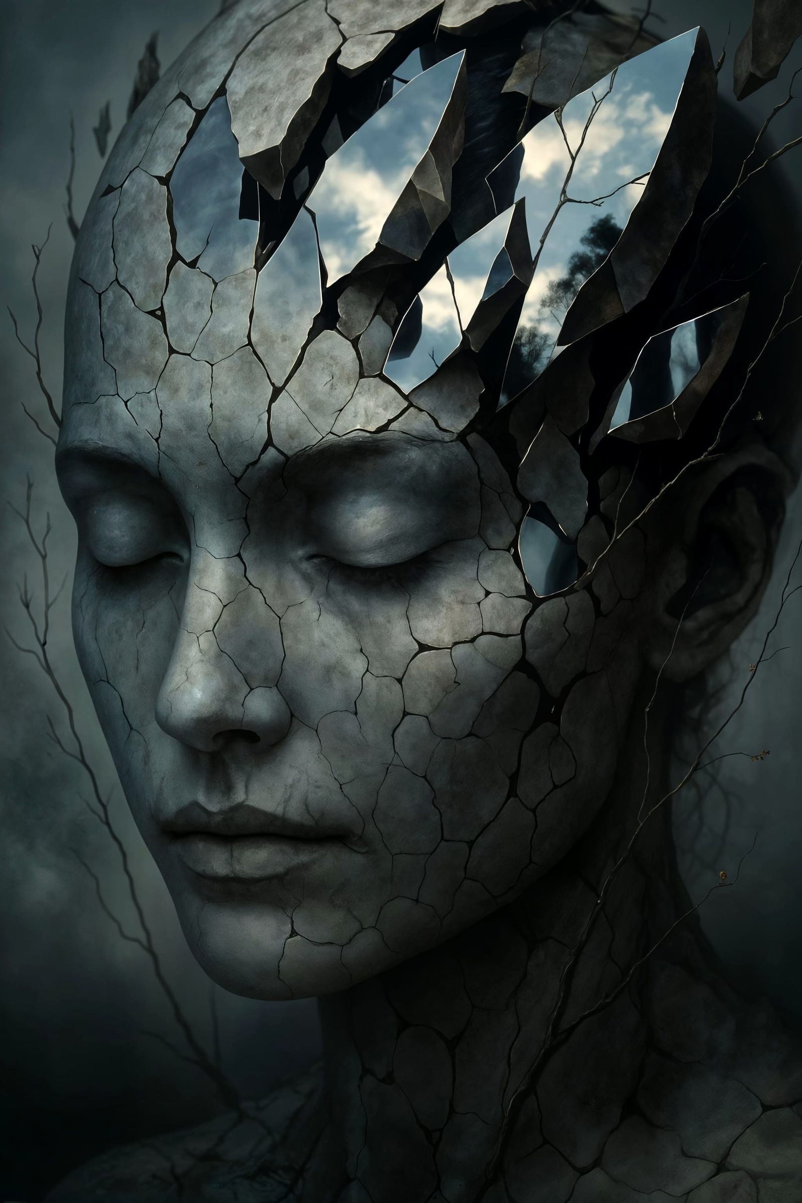 Surreal Cracked Face Reflecting Landscape