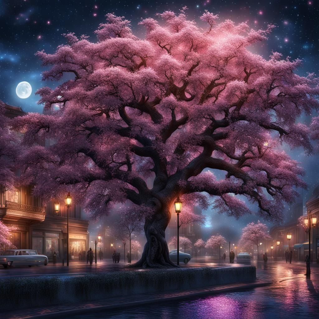 Cherry Tree in Night City: Photorealistic CGI