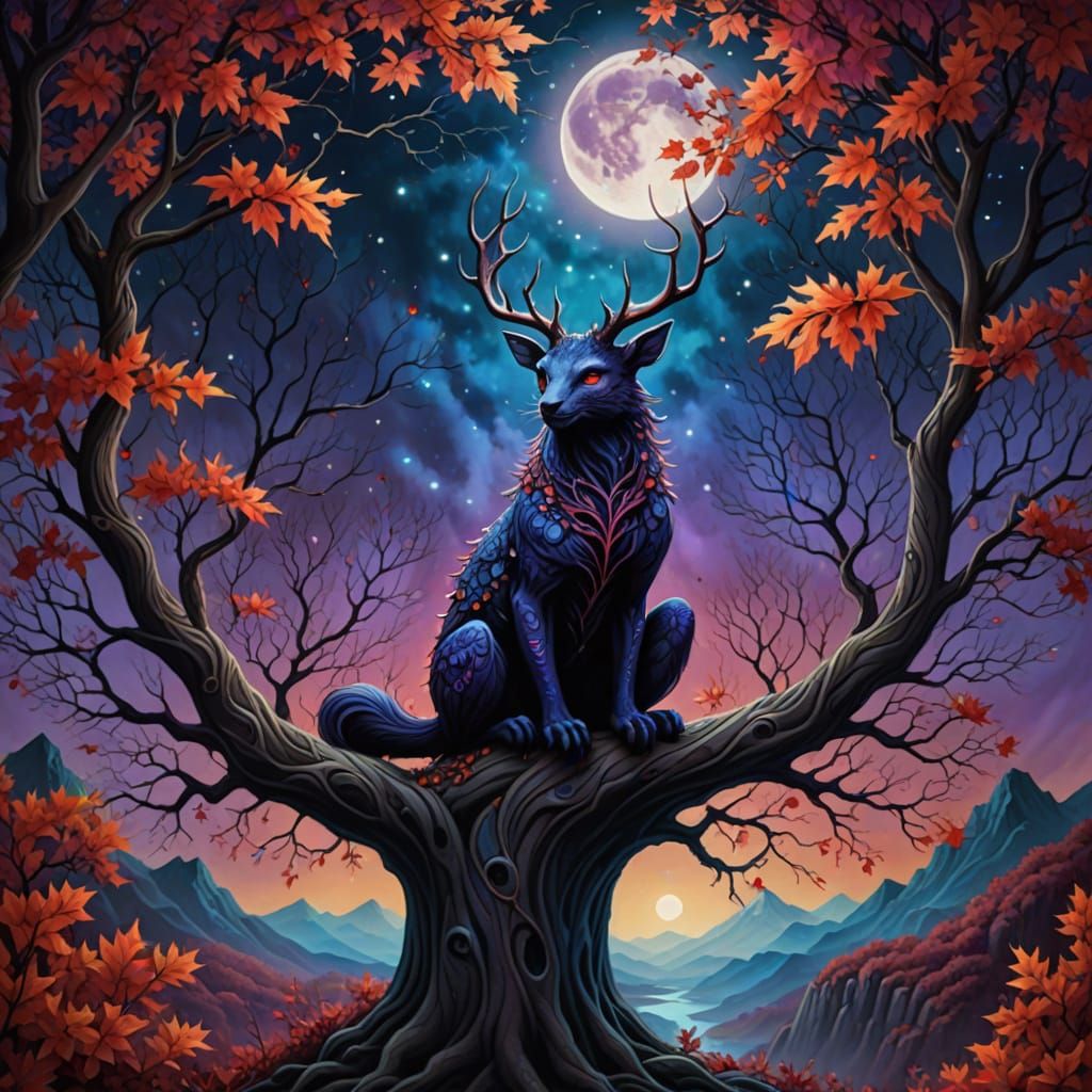 Autumn Goddess in Surreal Mountain Landscape