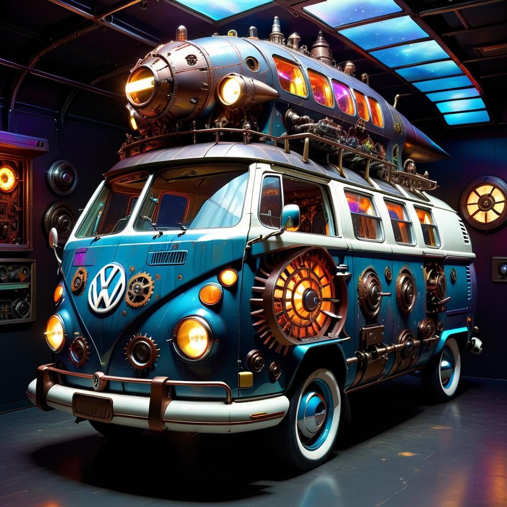 Steampunk Volkswagen Van Spaceship in Retrofuturistic Style