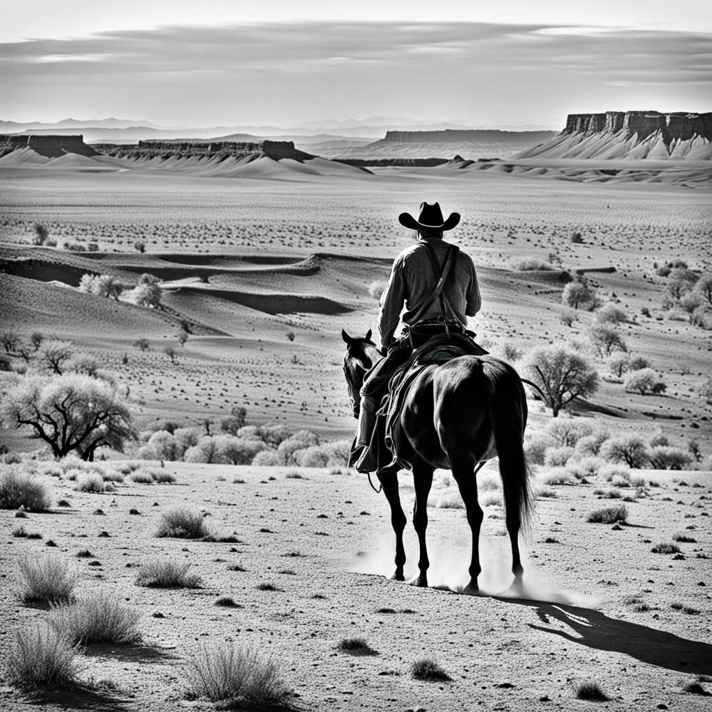 Lone Cowboy in Desert Landscape