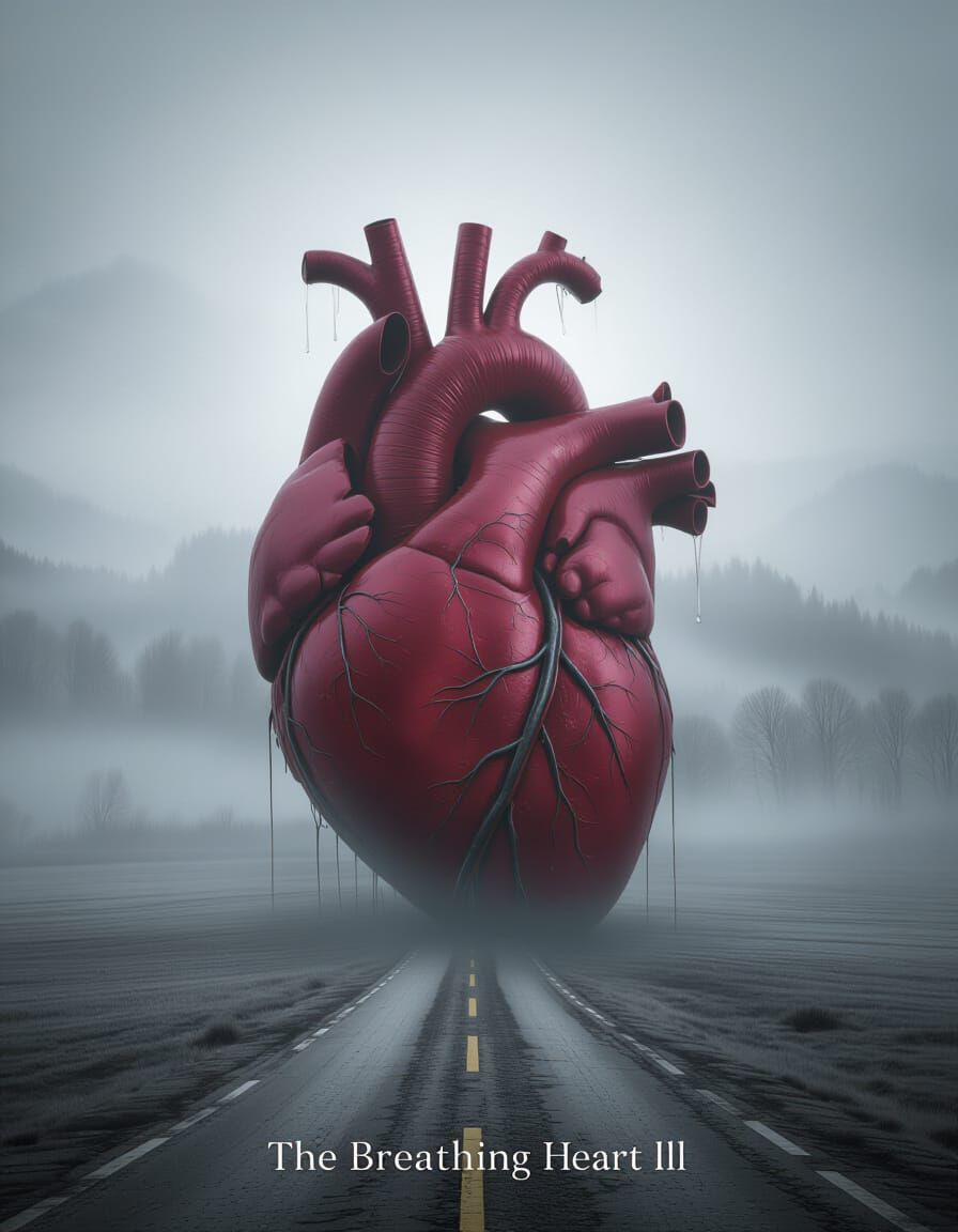 Surreal HDR Heart Emerging from Fog in Grey Landscape