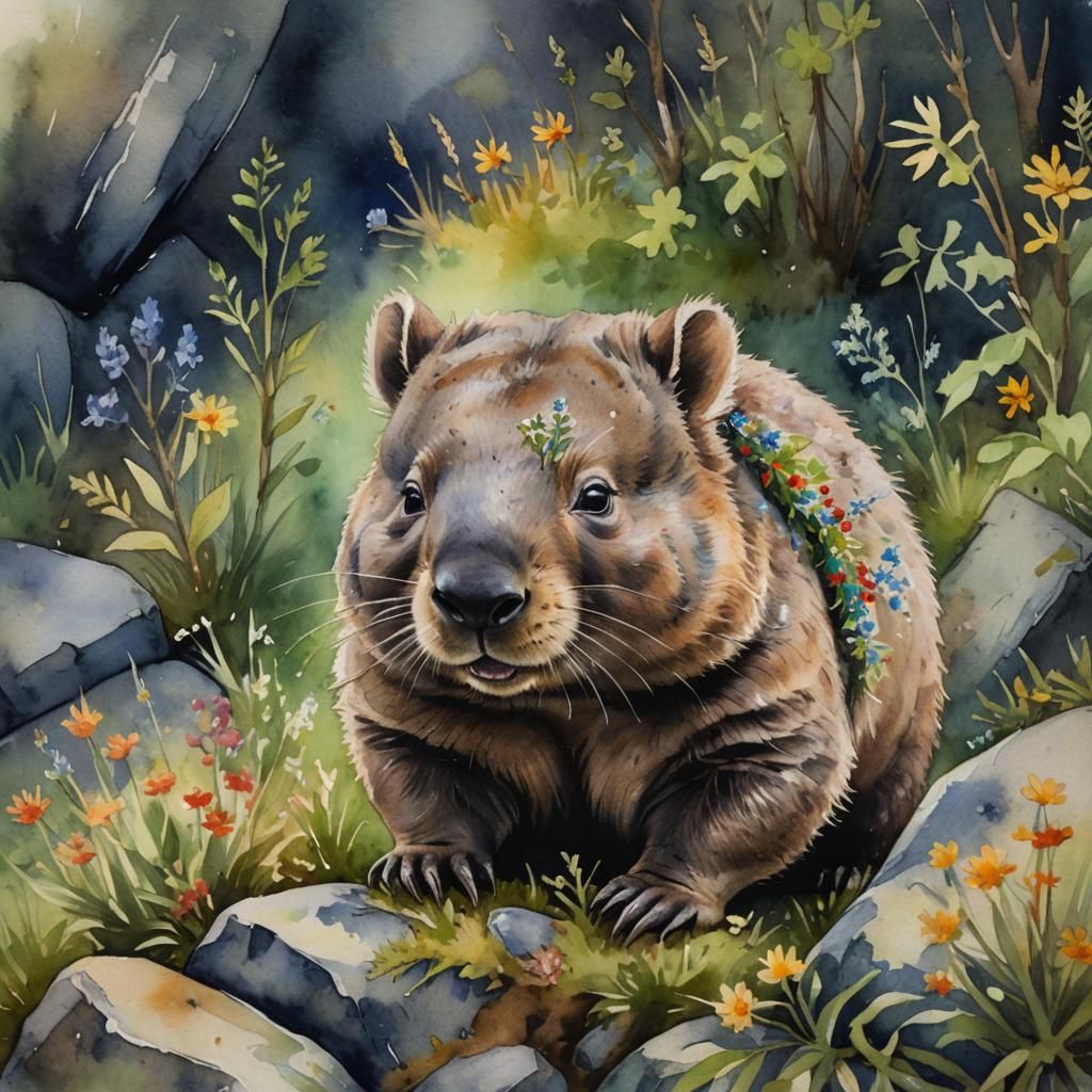 Wombat with Wildflowers in Watercolor Style