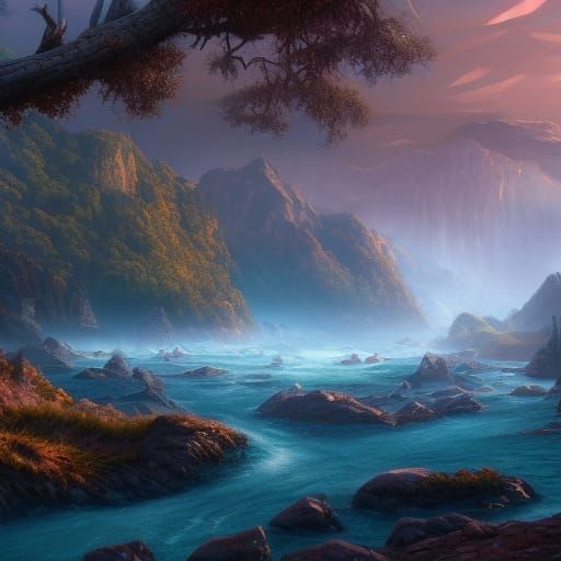 Fantastical River Scene in Detailed Matte Painting