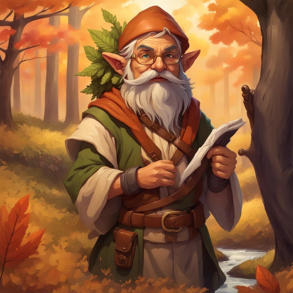 Gnome Druid in Autumn Forest at Golden Hour