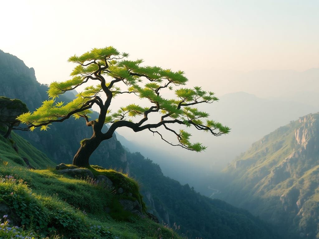 Japanese Maple Tree in Serene Mountain Valley