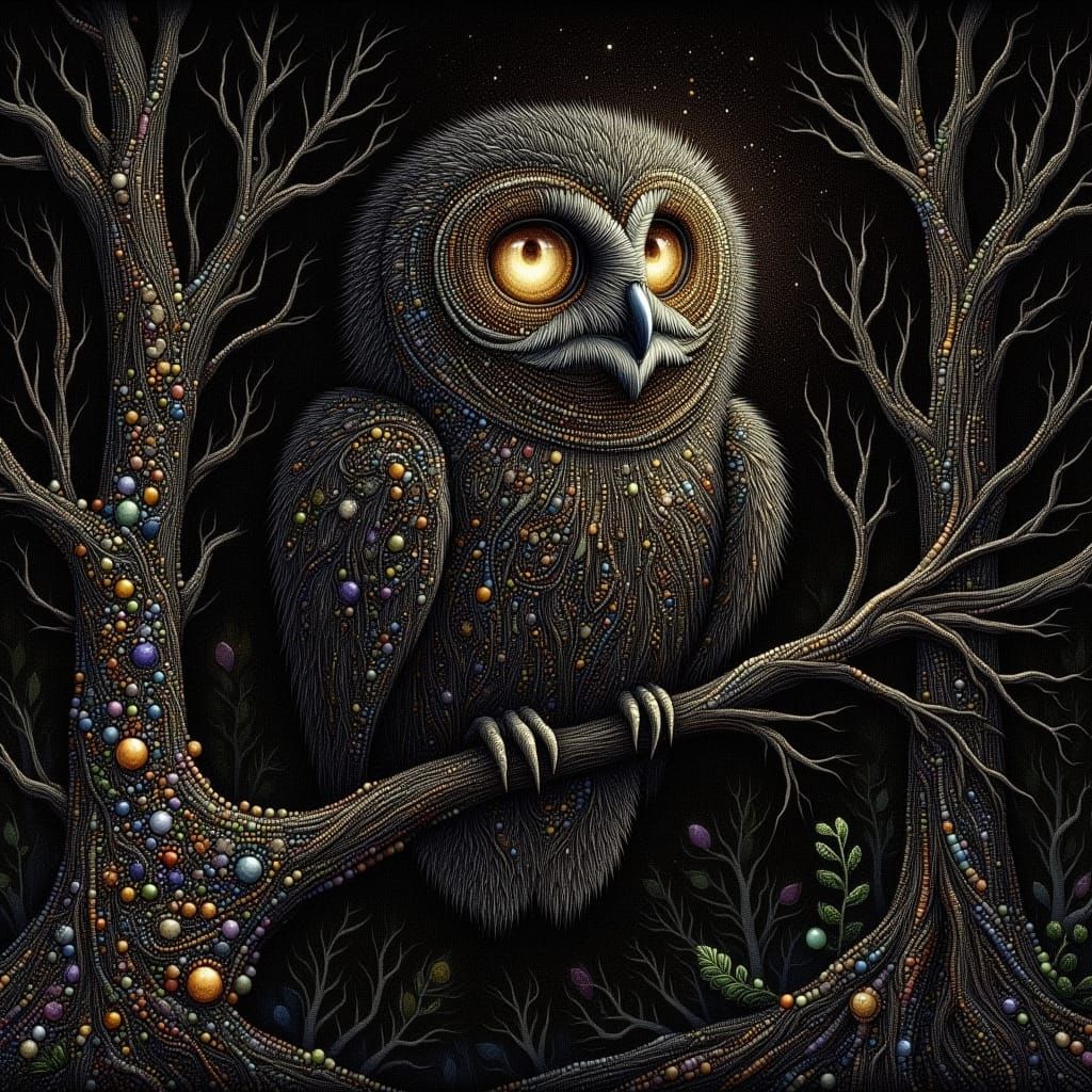 Wise Owl in Dark Forest with Rainbow Sparks