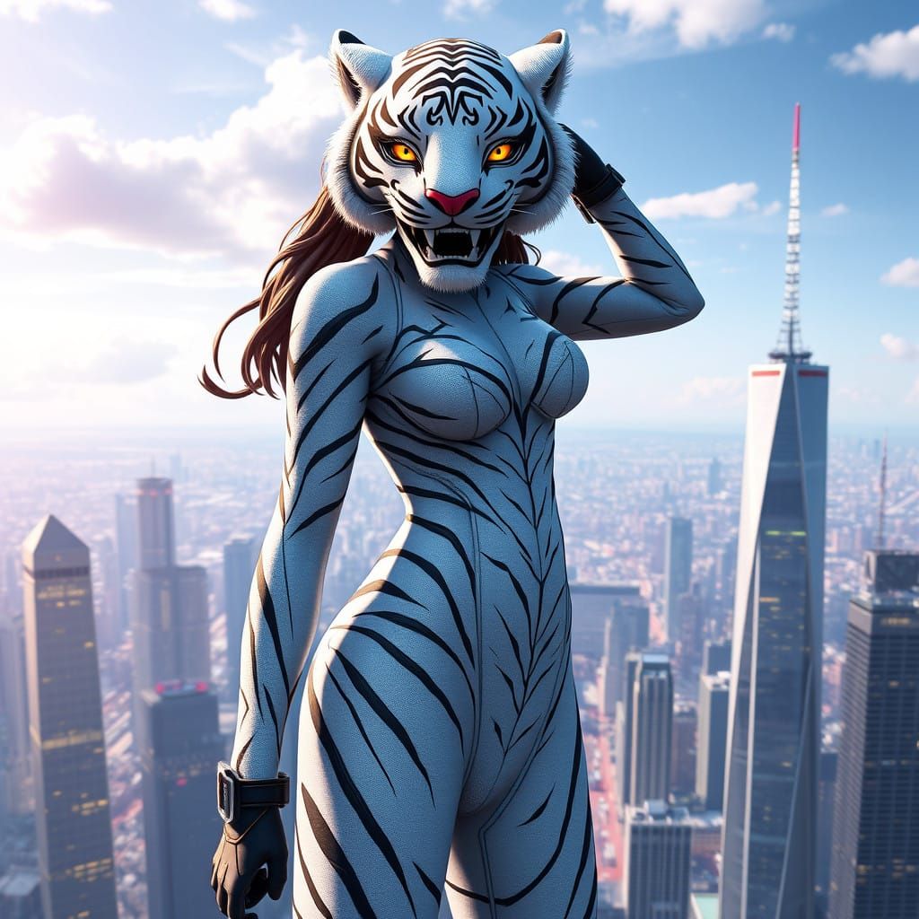 Heroic White Tiger Superhero Soars Above the City