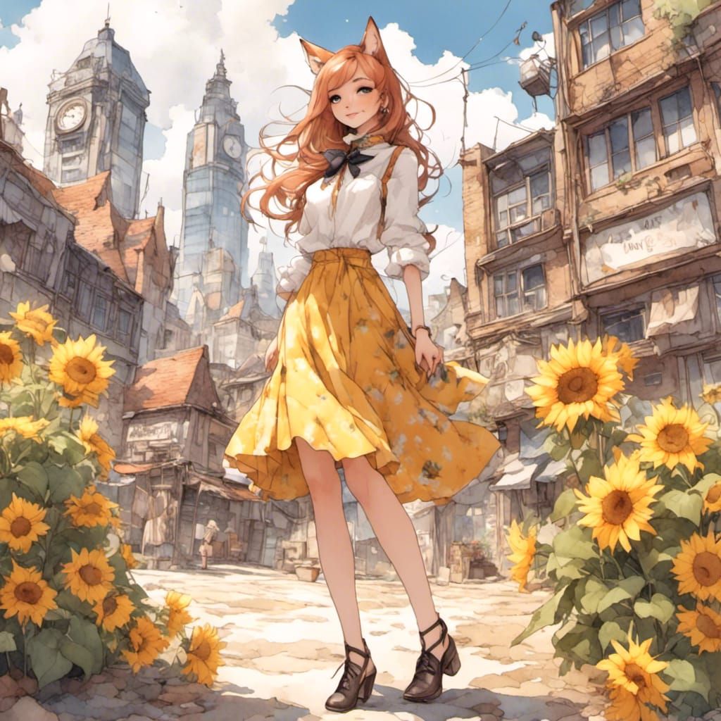 Fox-girl VIXEN Sunflower watercolor jumper skirt and high neck ribbon blouse, strappy heels, skyscraper clock town in th...