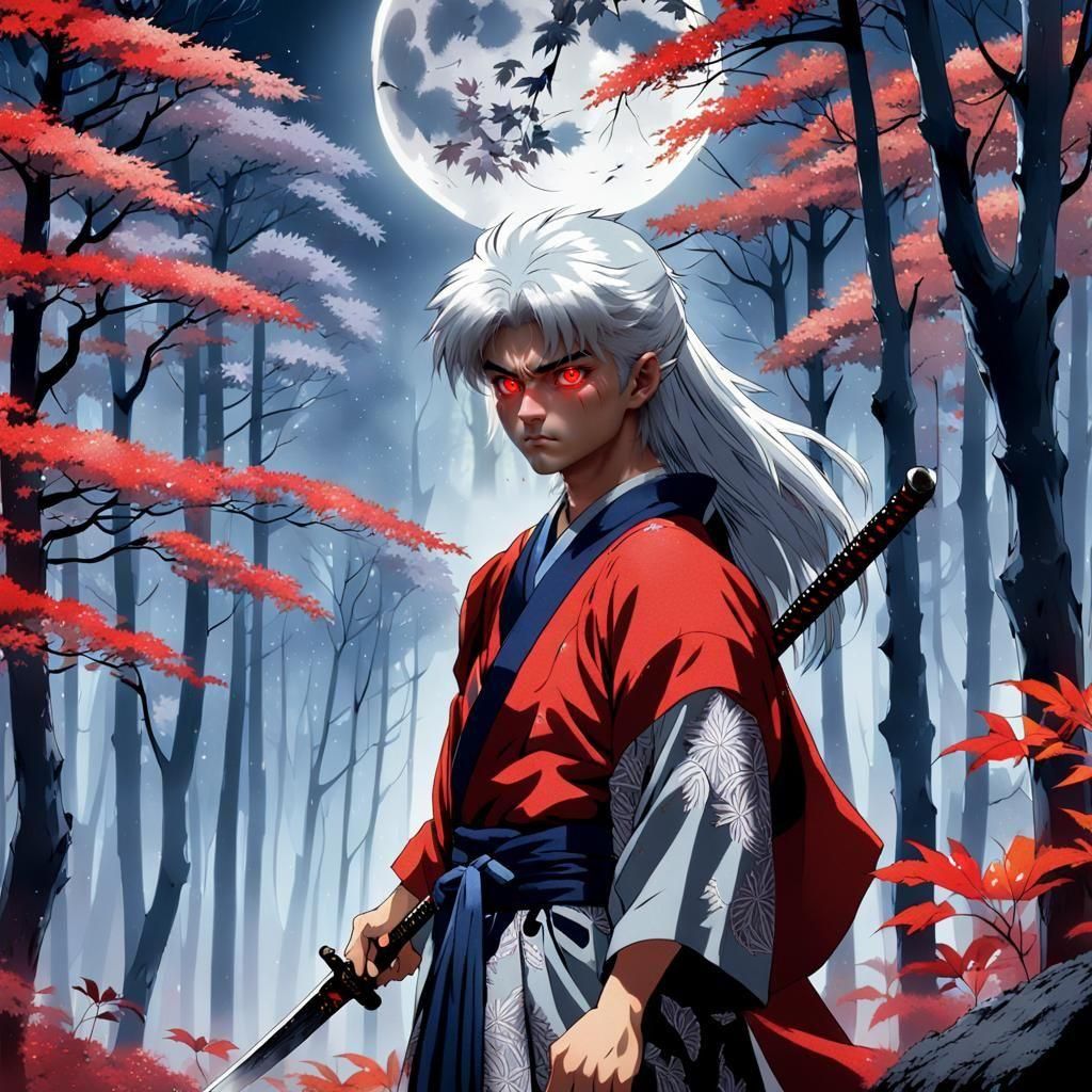 Inuyasha Demon Form in Autumn Forest: 3D Anime Art