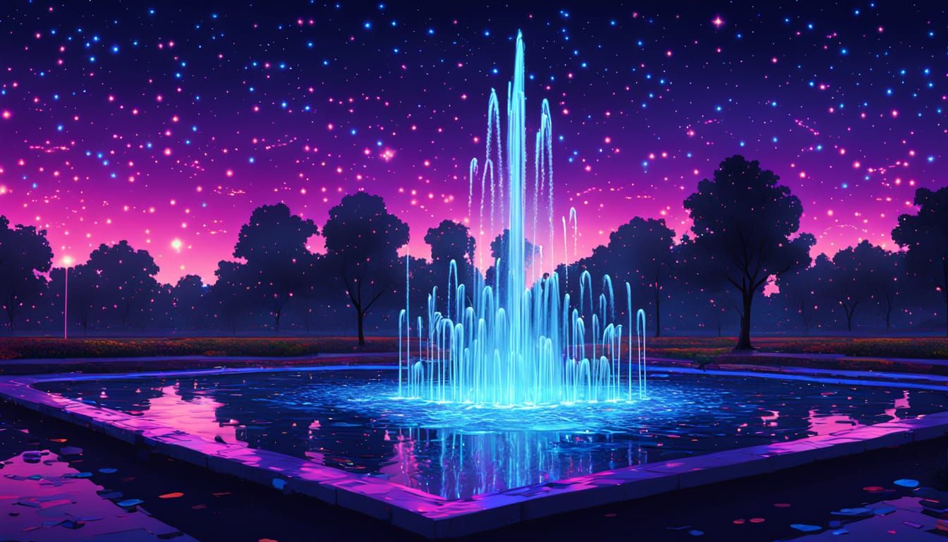 Vibrant Neon Fountain at Night in Digital Art Style