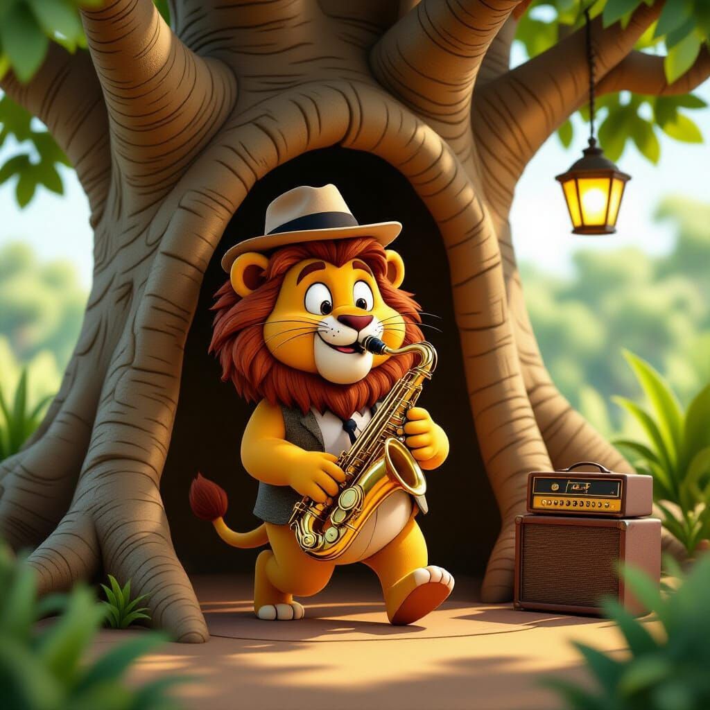 Cartoon Lion Plays Saxophone in Baobab Jazz Club