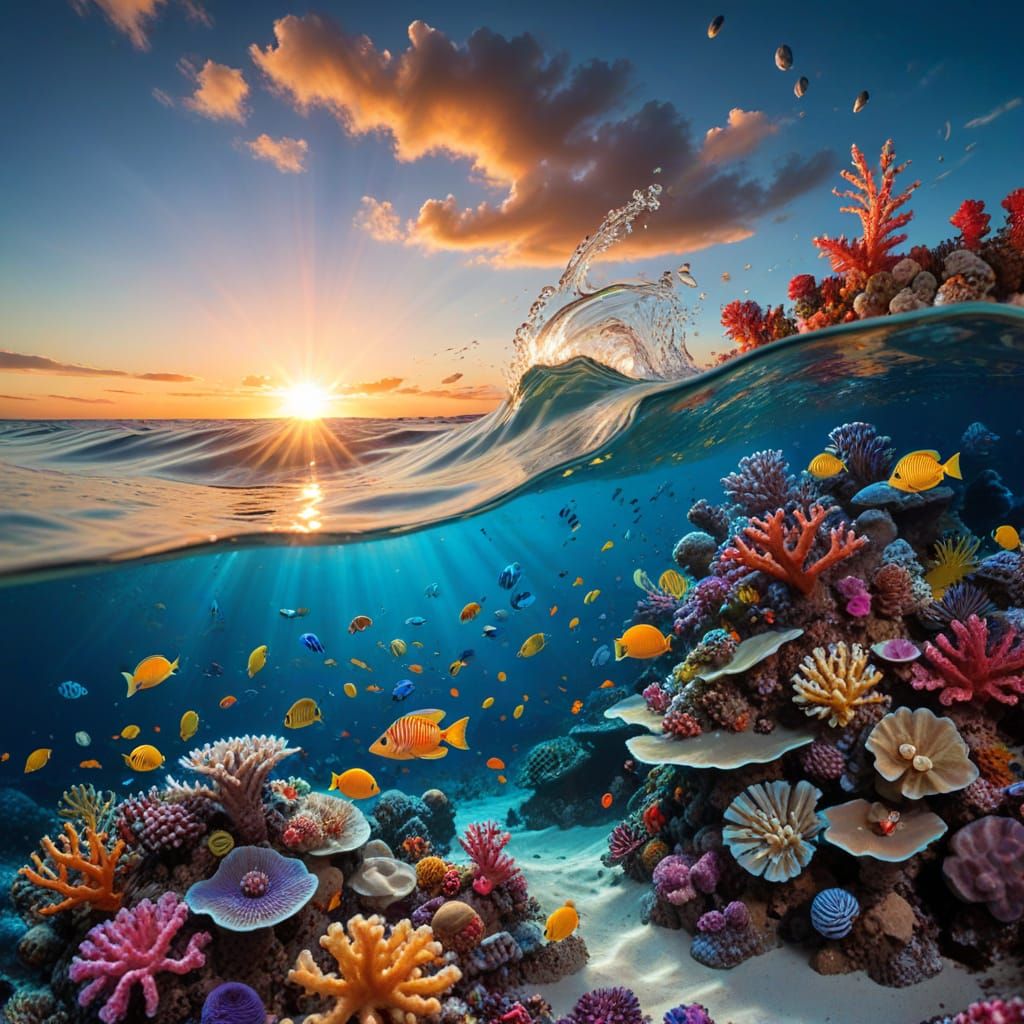 Underwater Coral Reef at Sunset