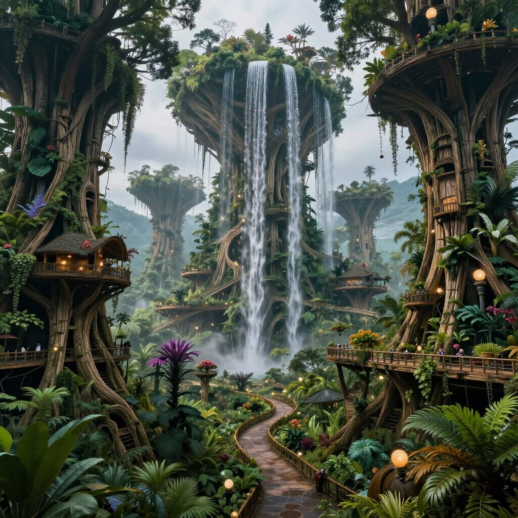 Vibrant Jungle City Amidst Ancient Alien Trees