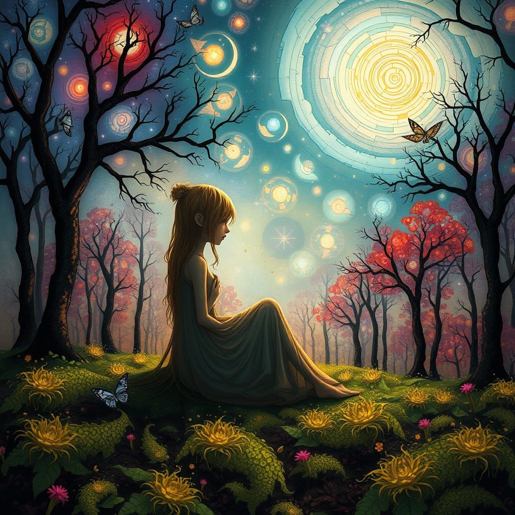 Dreamlike Figure in Surreal Cosmic Landscape