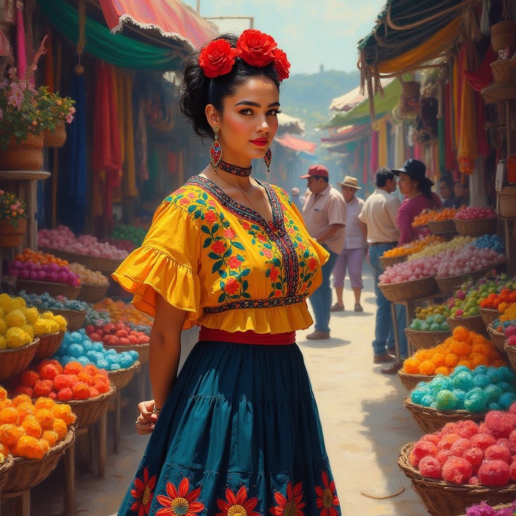 Mexican Woman in Vibrant Market, Folk Art Style