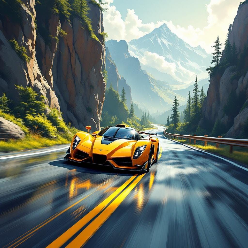 Yellow Sports Car on Mountain Road in Futuristic Style