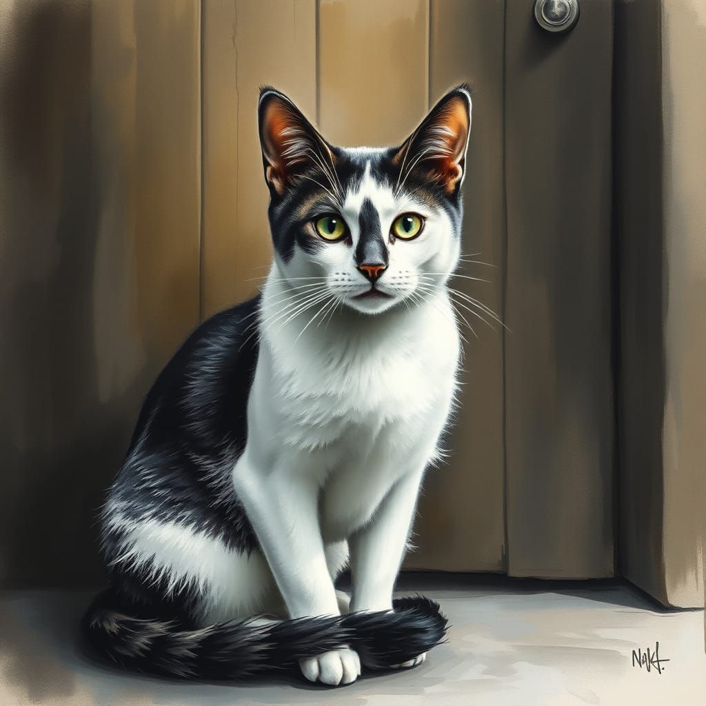 Black and White Cat: Hyperdetailed Charcoal Gouache Drawing