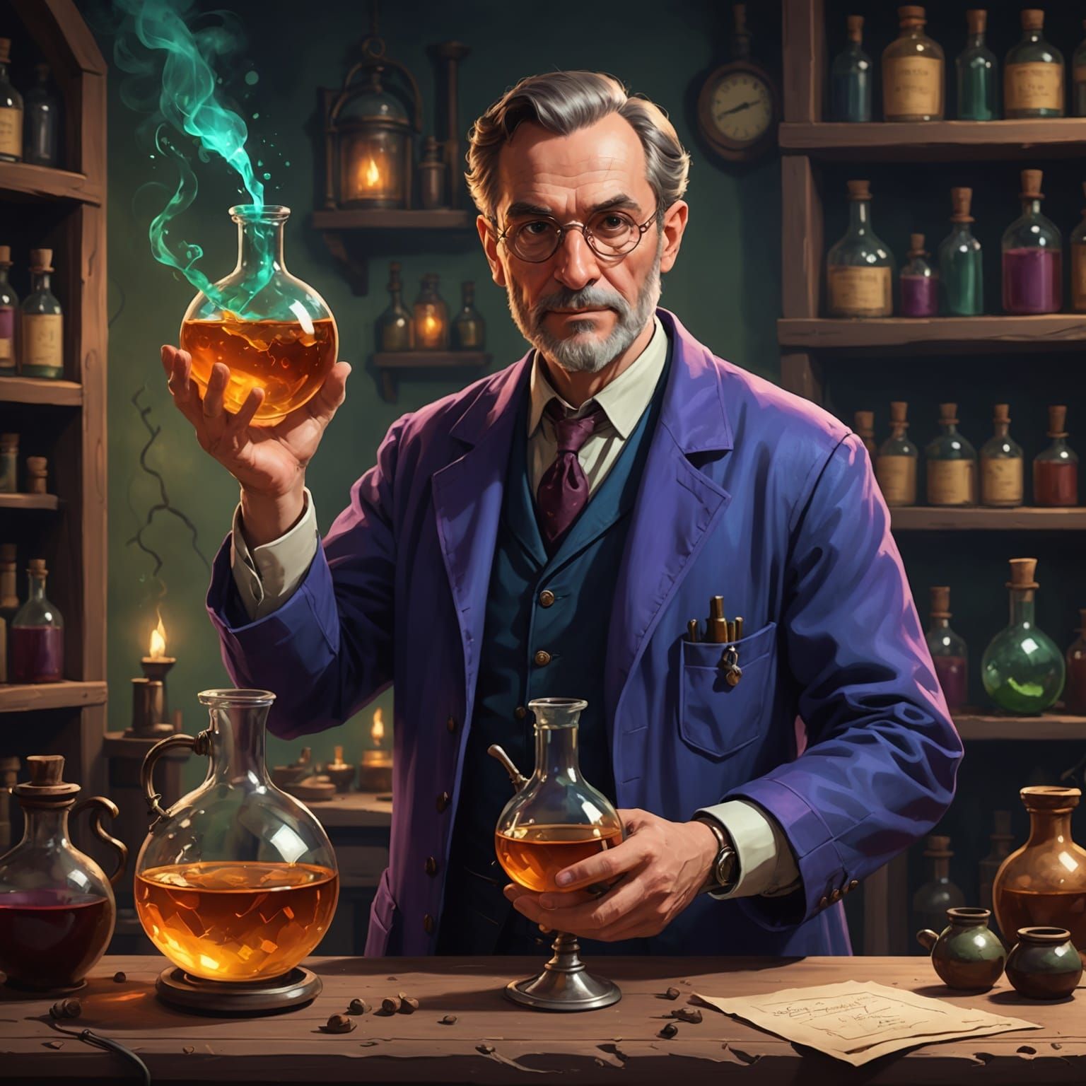Victorian Scientist Holds Elixir in Steampunk Style
