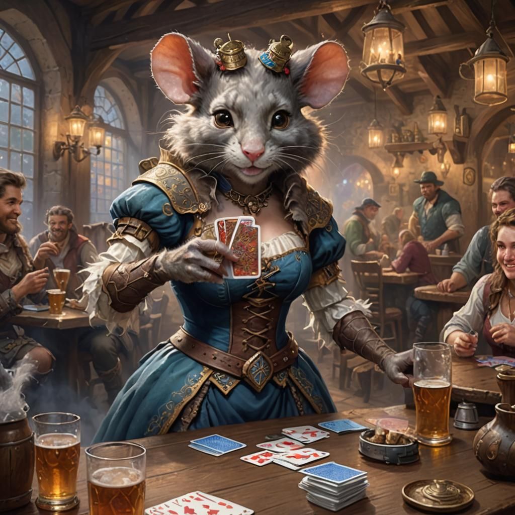 Ratlady Warrior in Tavern Scene, Fantasy Art