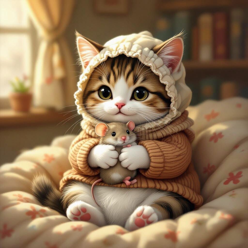 Cat Cradles Mouse Like Baby in Whimsical Illustration Style
