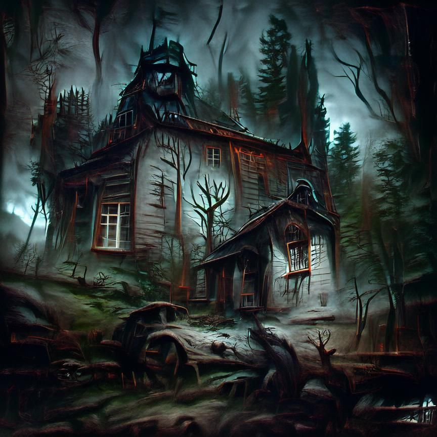 Sinister Old House in Dark Forest, Fantasy Art