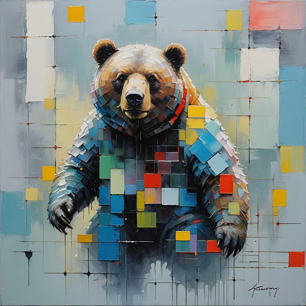 Abstract Bear in Mondrian Style with Neon Accents