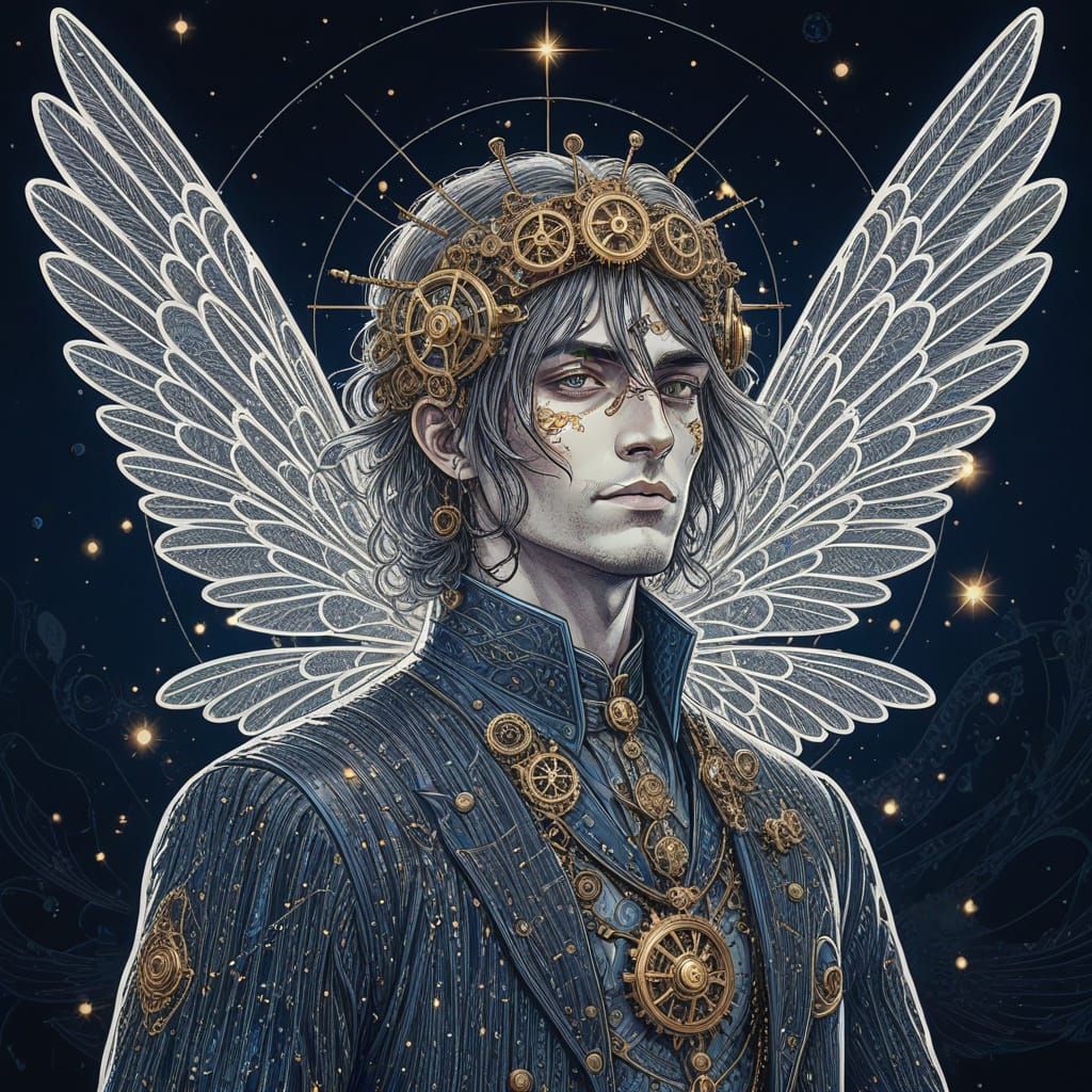 Winged Steampunk Gentleman Portrait with Golden Gears
