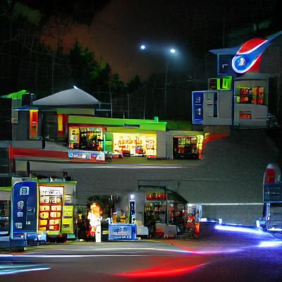 Vibrant Gas Station at Night: Digital Art