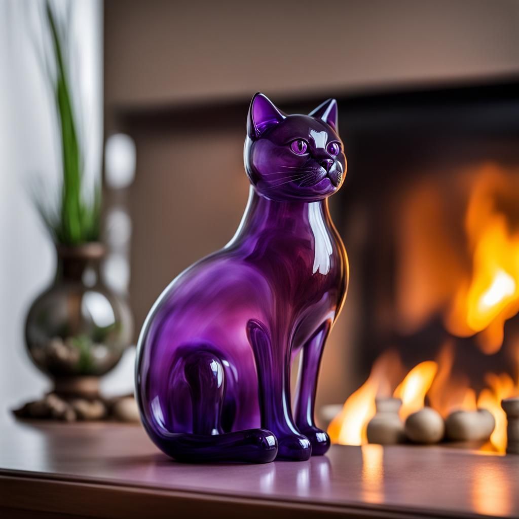 Glass Cat by Fireplace