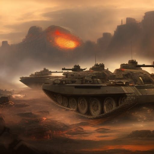 Epic Tanks Clash on Battlefield: Detailed Matte Painting
