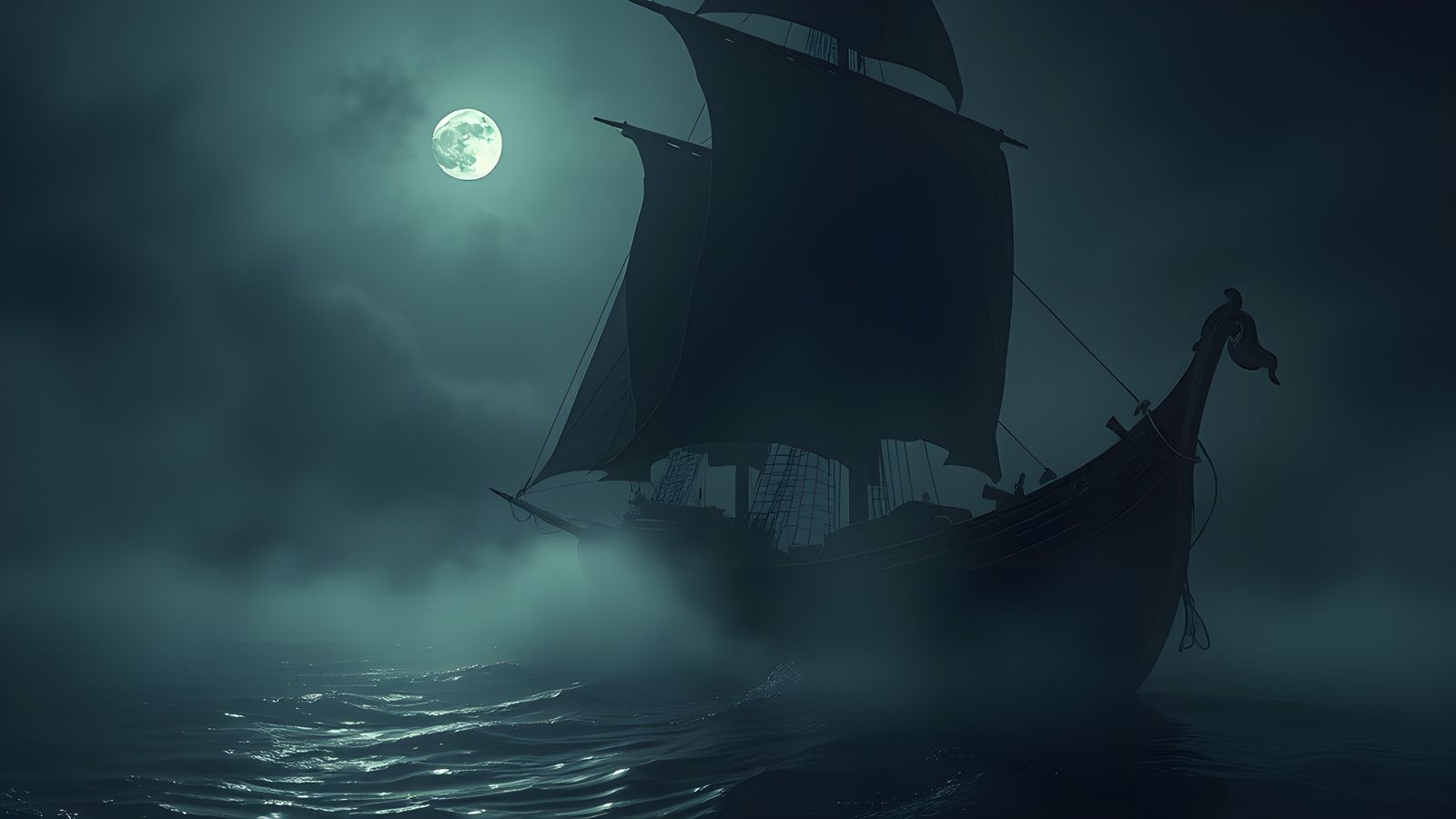 Ghost Pirate Ship Drifting Through Dark Sea Mist