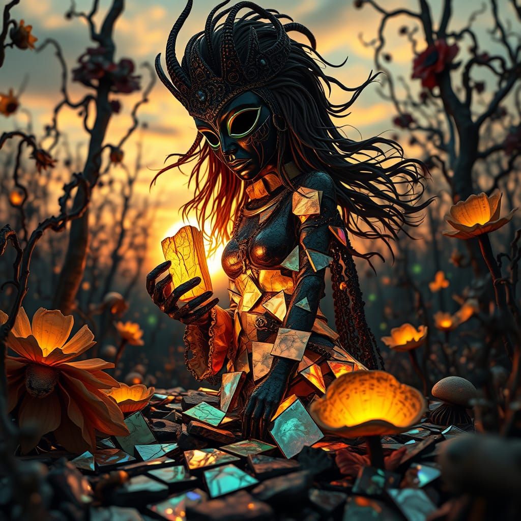 Surreal Woman Reassembles Glowing Musical Pieces in a Vibran...