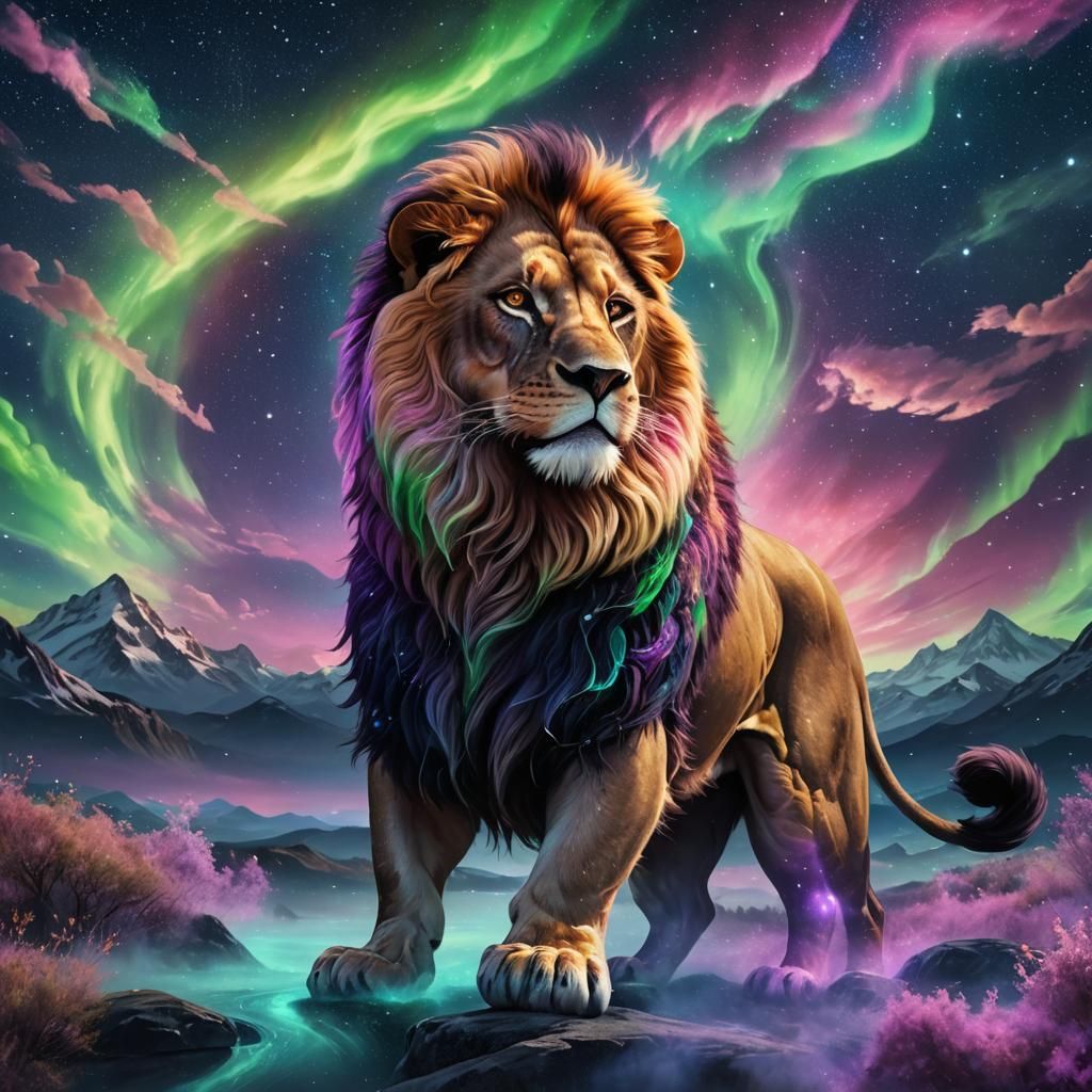 Majestic Lion Reflecting Aurora Borealis in Fantasy Art