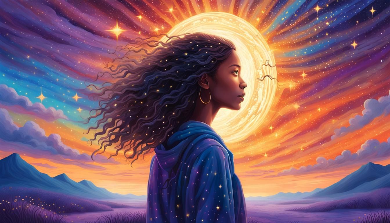 Radiant Woman Walking Under Starlight Sky