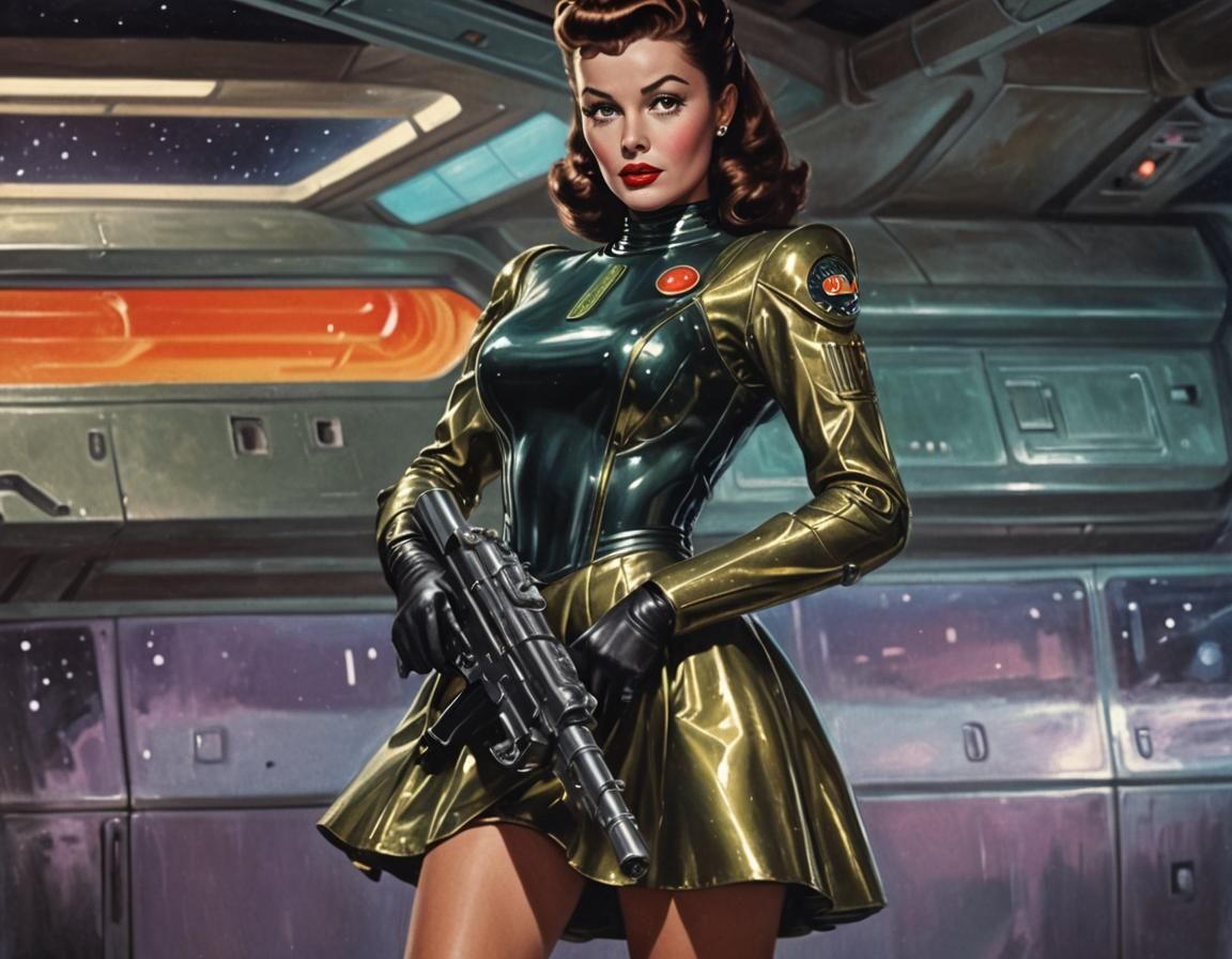 Alien Julia Adams Navigates Spaceship, Retro Sci-Fi Illustra...