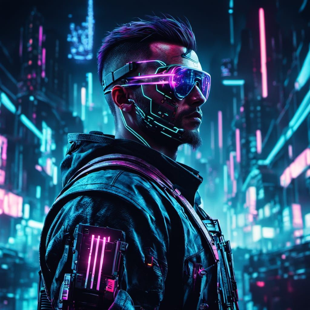Cyberpunk Warrior with Neon Sword: Digital Art