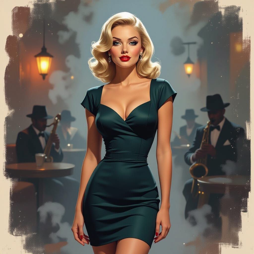 Confident 1950s Pin-Up in Expressive Jazz Art Style