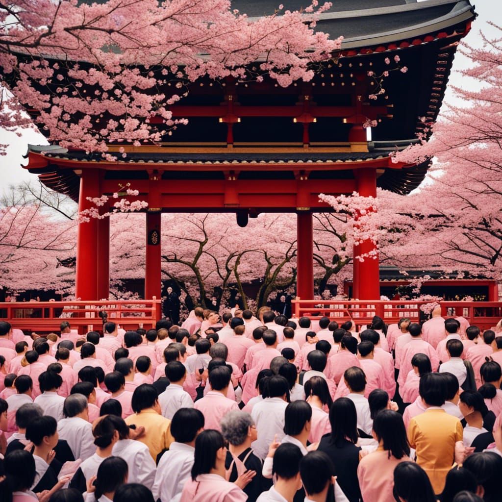 Japanese Matsuri at Temple During Cherry Blossom
