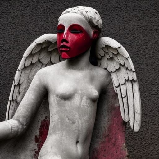 Crumbling Angel Statue with Mask and Horn