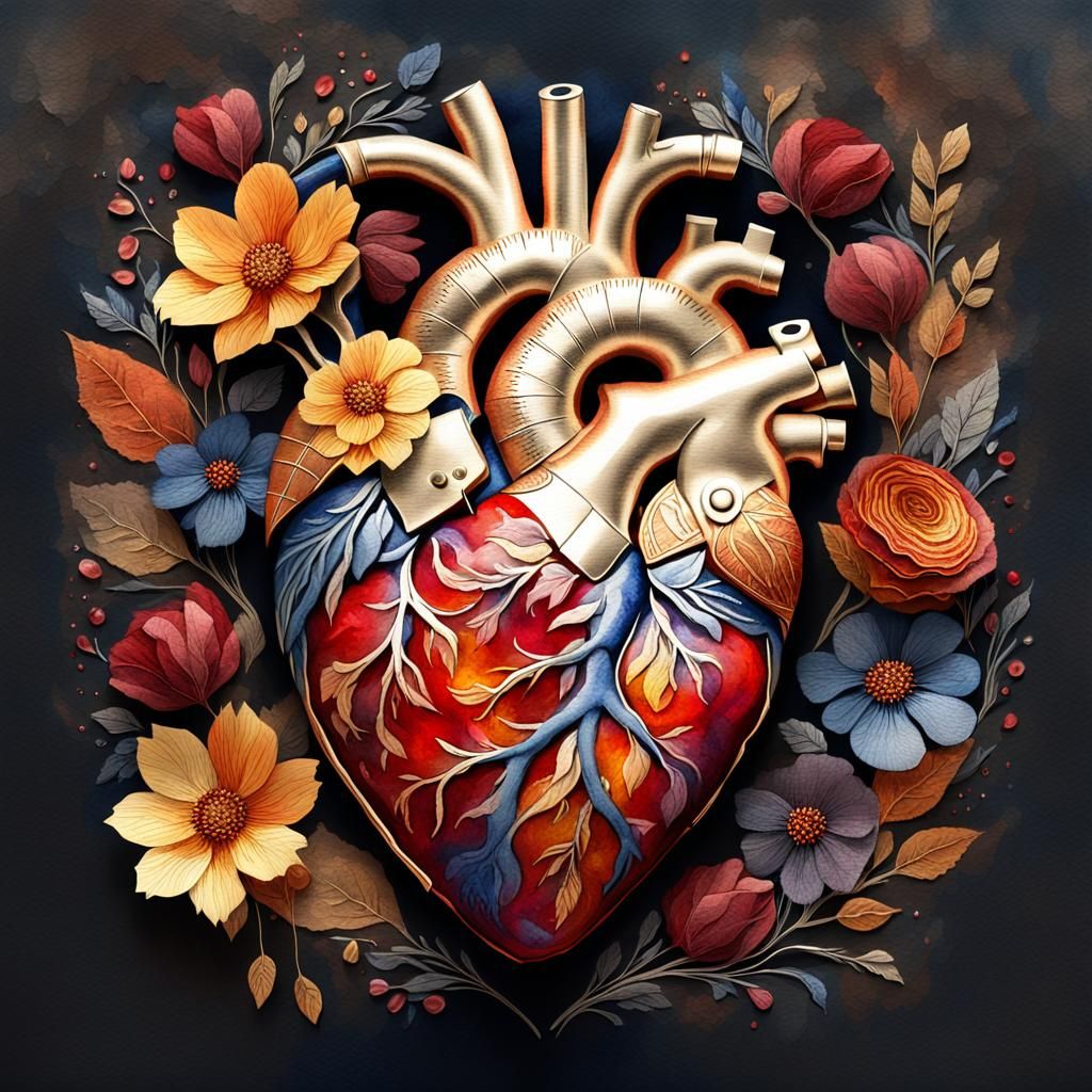 Autumn Heart with Flowers and Band-Aid, Matte Painting