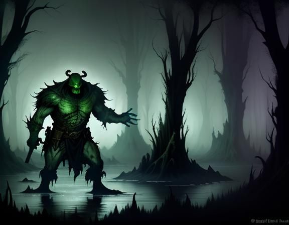 Bullywug in Murky Swamp: Dark Fantasy Illustration