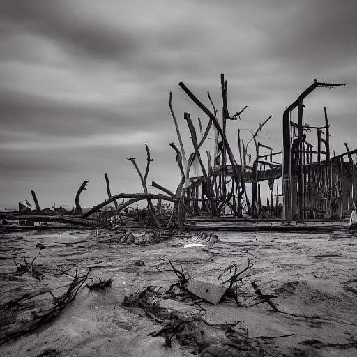 Post-Apocalyptic Landscape with Rusted Towers and Giant Dogs